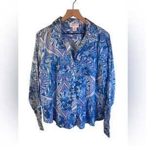 Calypso By St. Barts Blue and White Patterned Women’s Button Down Shirt Large